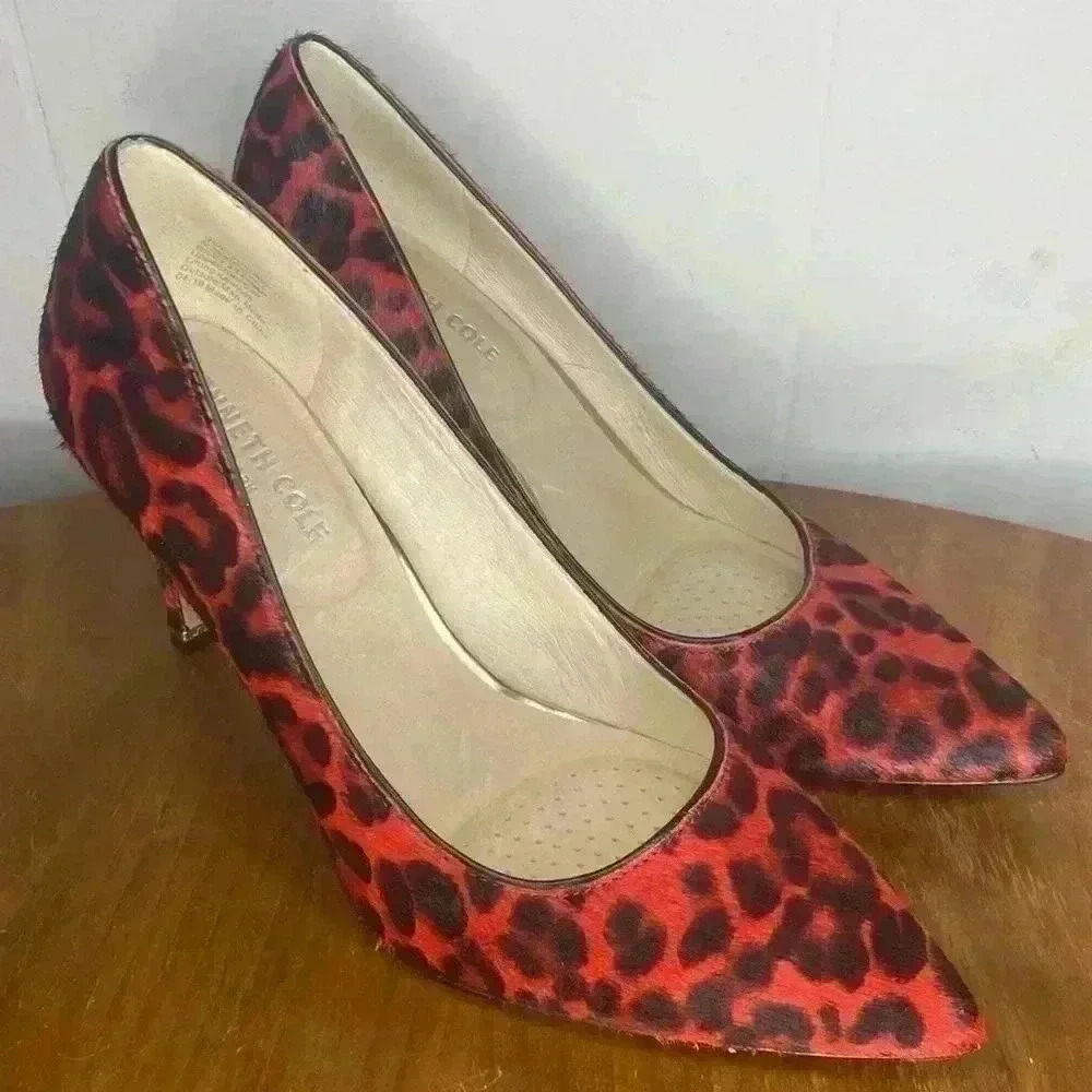Kenneth Cole Riley Animal Print Calf Hair Red Pointed Heels Size 8